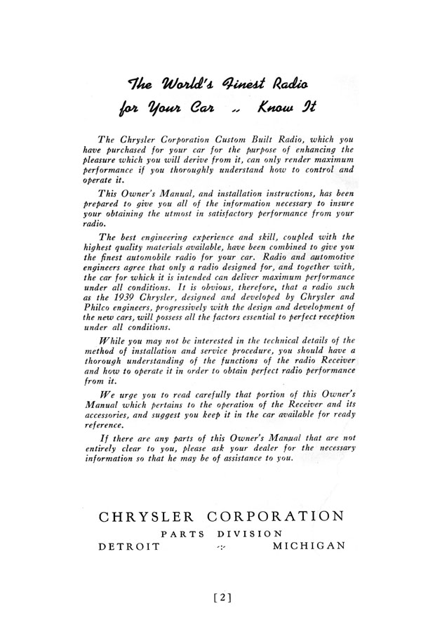 1939 Chrysler Radio Manual Page 5